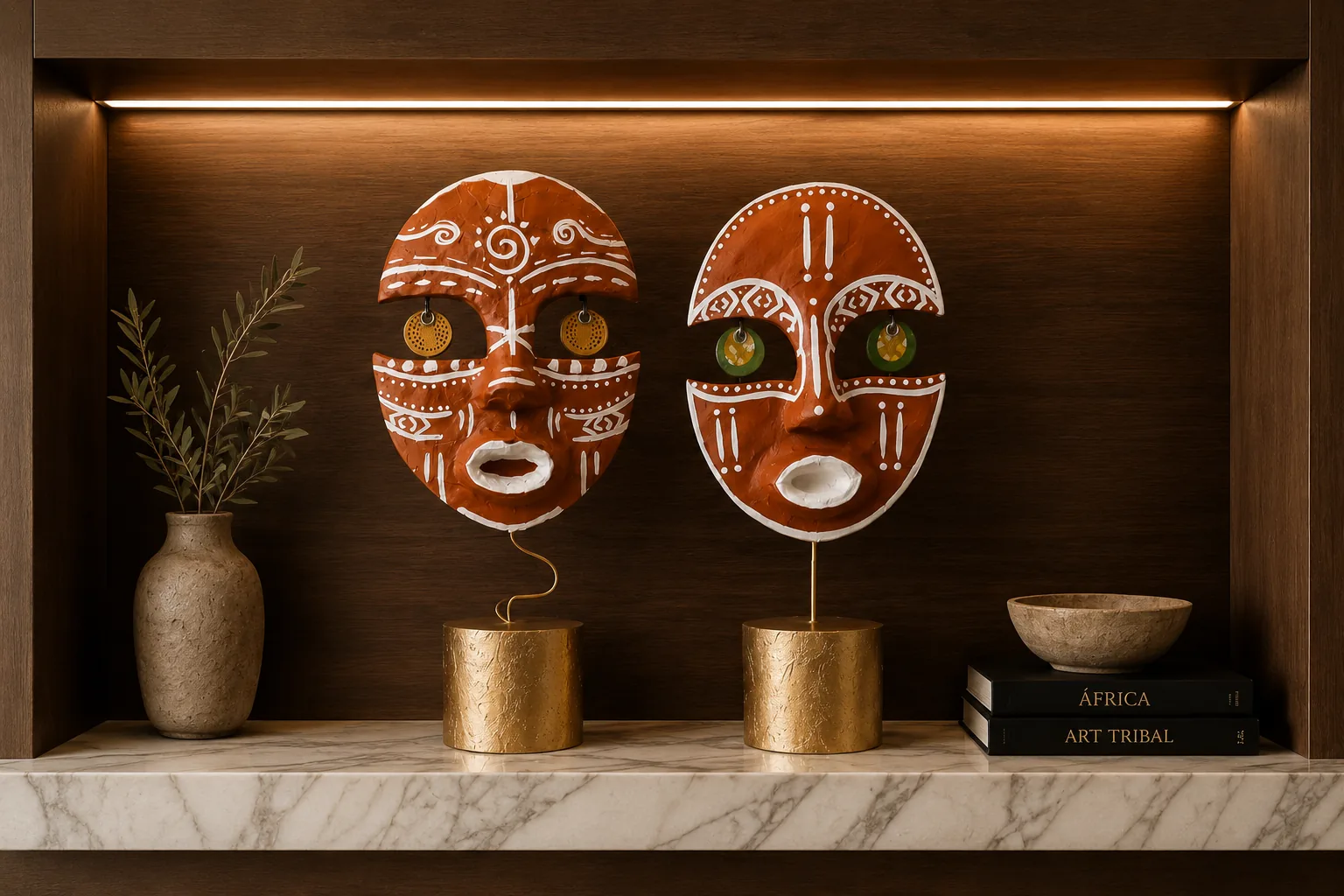 Deux masques en terre cuite aux tracés blancs, posés sur des socles dorés.