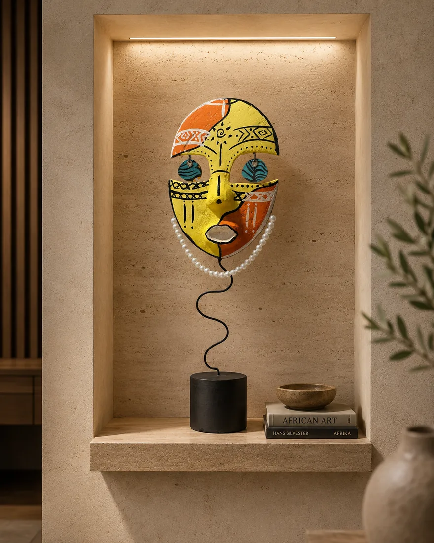 Un masque partagé entre jaune et orange, soleil au front, collier de perles blanches, sur une tige ondulée.