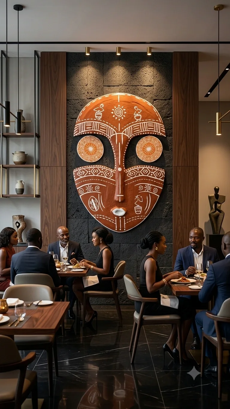 Un masque monumental en relief, terre et blanc, occupe le mur de pierre d'un restaurant où dînent des convives.