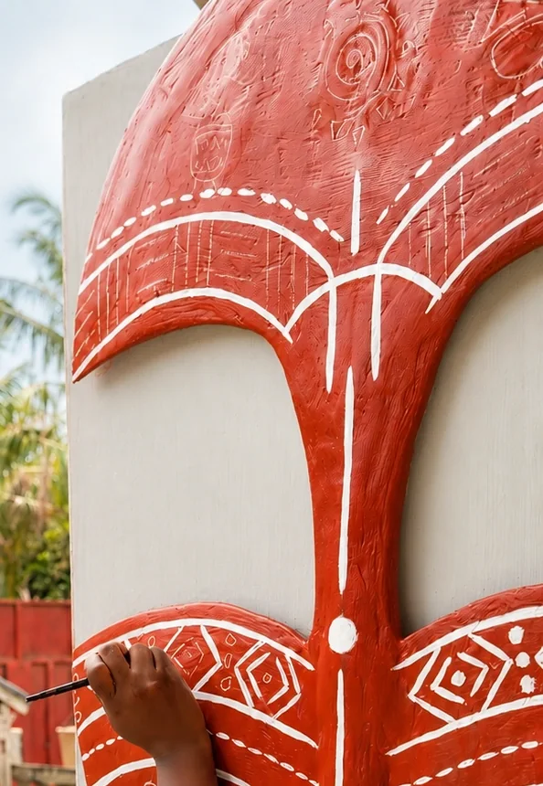 Gros plan sur le relief d'un masque : la terre rouge sculptée, les motifs blancs peints à la main.