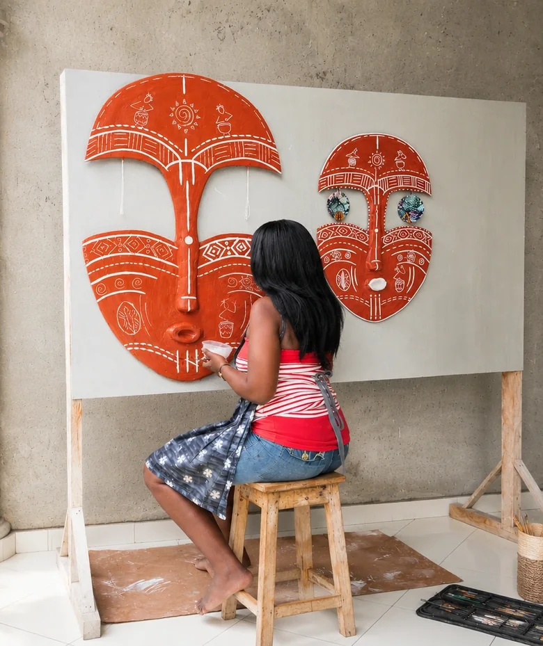 Angélique, assise sur un tabouret, peint une toile de plus de deux mètres portant deux grands masques.