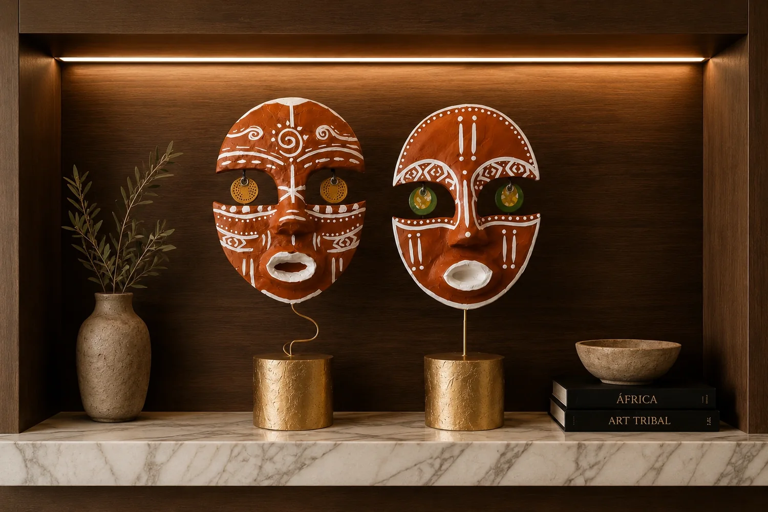 Deux masques en terre et blanc, sur socles dorés, posés sur une tablette de marbre devant un mur de noyer.